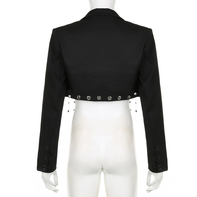 Fashion Design Black Blazer Jacket Cropped Cardigan Elegant Eyelet Pins Autumn Coat Female Punk Grunge Chic Jackets