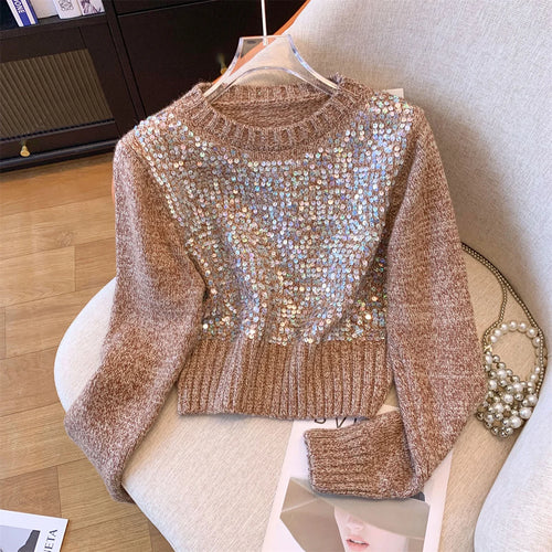 Load image into Gallery viewer, Women Sweet Sequins Short Sweater Casual Autumn Winter Basics Knitted Korean Loose O-neck Long Sleeve Elegance Pullover Tops New
