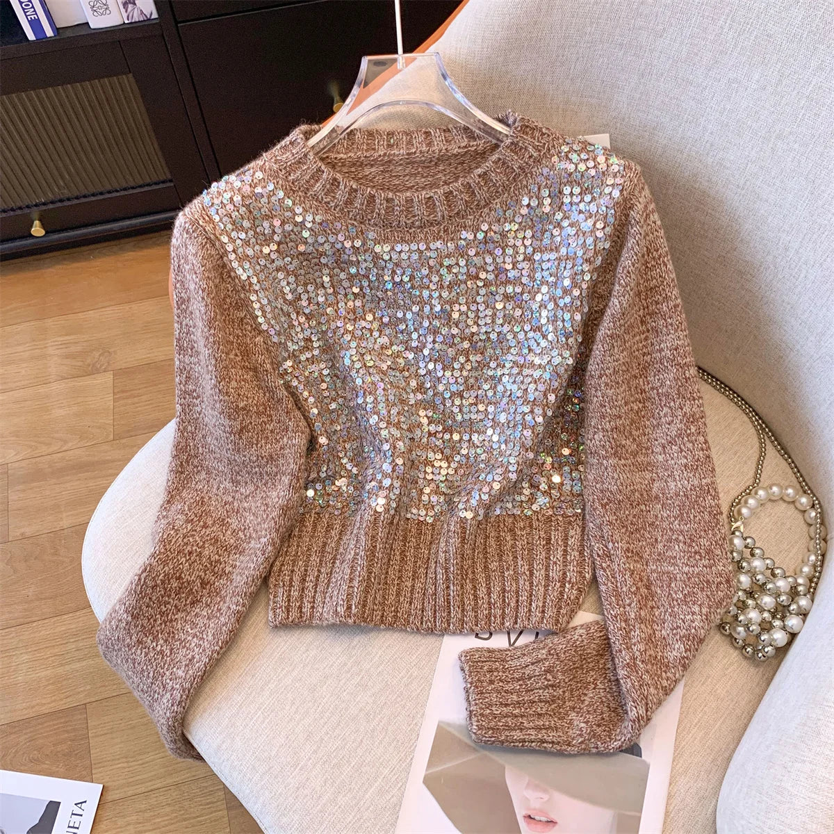 Women Sweet Sequins Short Sweater Casual Autumn Winter Basics Knitted Korean Loose O-neck Long Sleeve Elegance Pullover Tops New