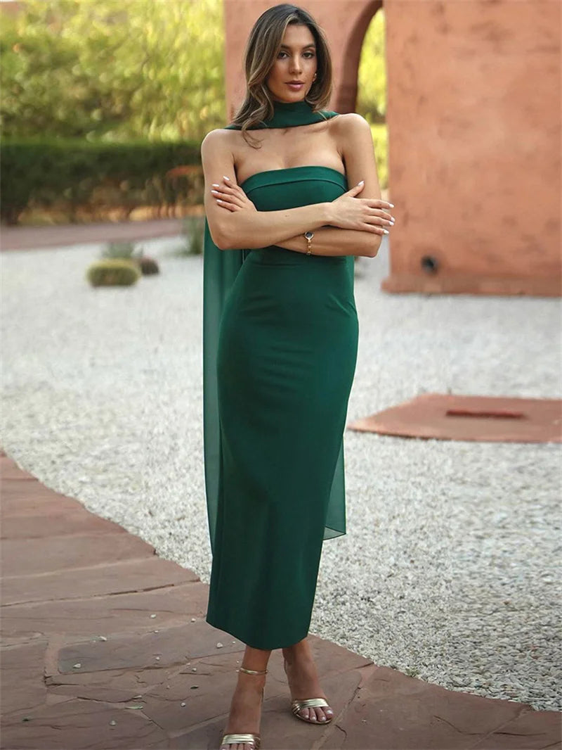 Scarf Collar Strapless Sexy Maxi Dress Women Gown Off-shoulder Sleeveless Backless Bodycon Club Party Long Dress 2025