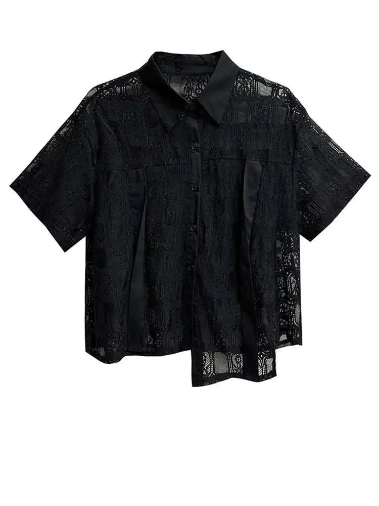 Women White Lace Perspective Big Size Thin Blouse New Lapel Short Sleeve Shirt Fashion Tide Spring Summer 2025 1DH5625