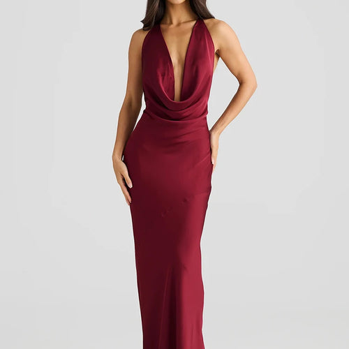 Load image into Gallery viewer, Satin Halter Backless Sexy Maxi Dress Women Gown Elegant Solid Sleeveless Lace-up High Waist Evening Club Long Dress
