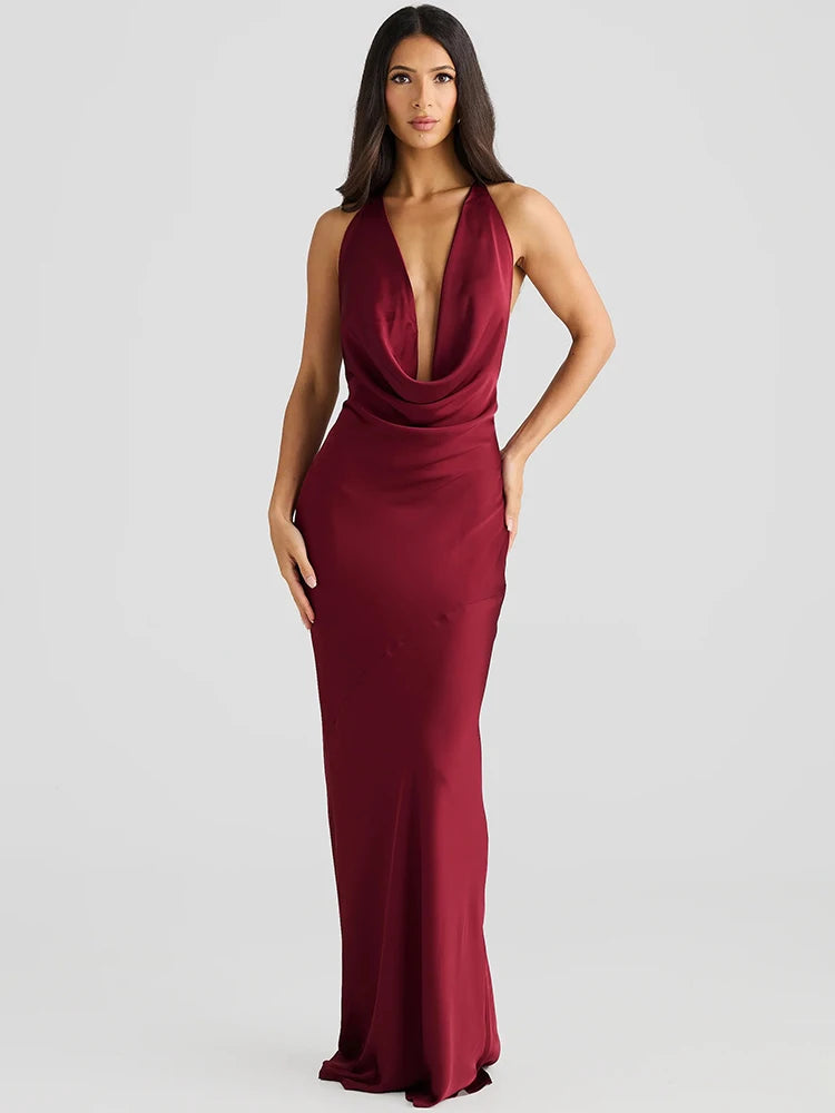 Satin Halter Backless Sexy Maxi Dress Women Gown Elegant Solid Sleeveless Lace-up High Waist Evening Club Long Dress