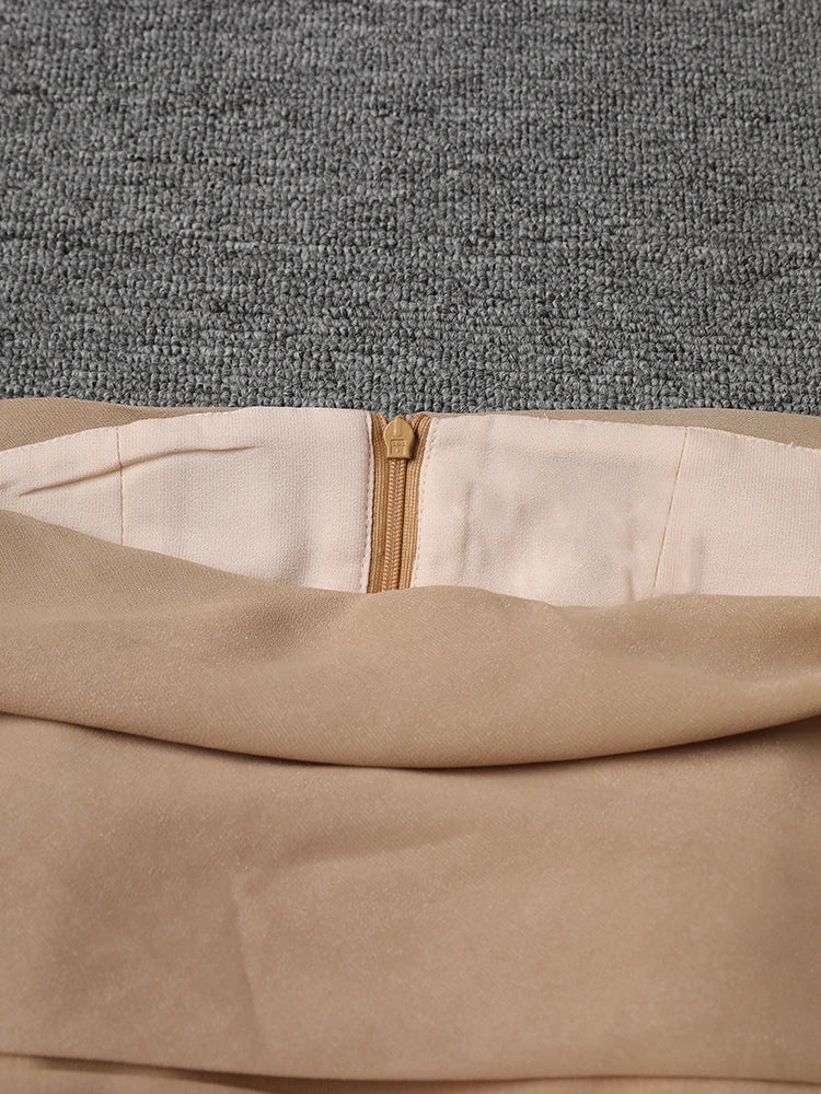 Women Khaki Pleated Slim Elegant Long Party Dress New Slash Neck Sleeveless Fashion Tide Spring Autumn 2025 CPG2992