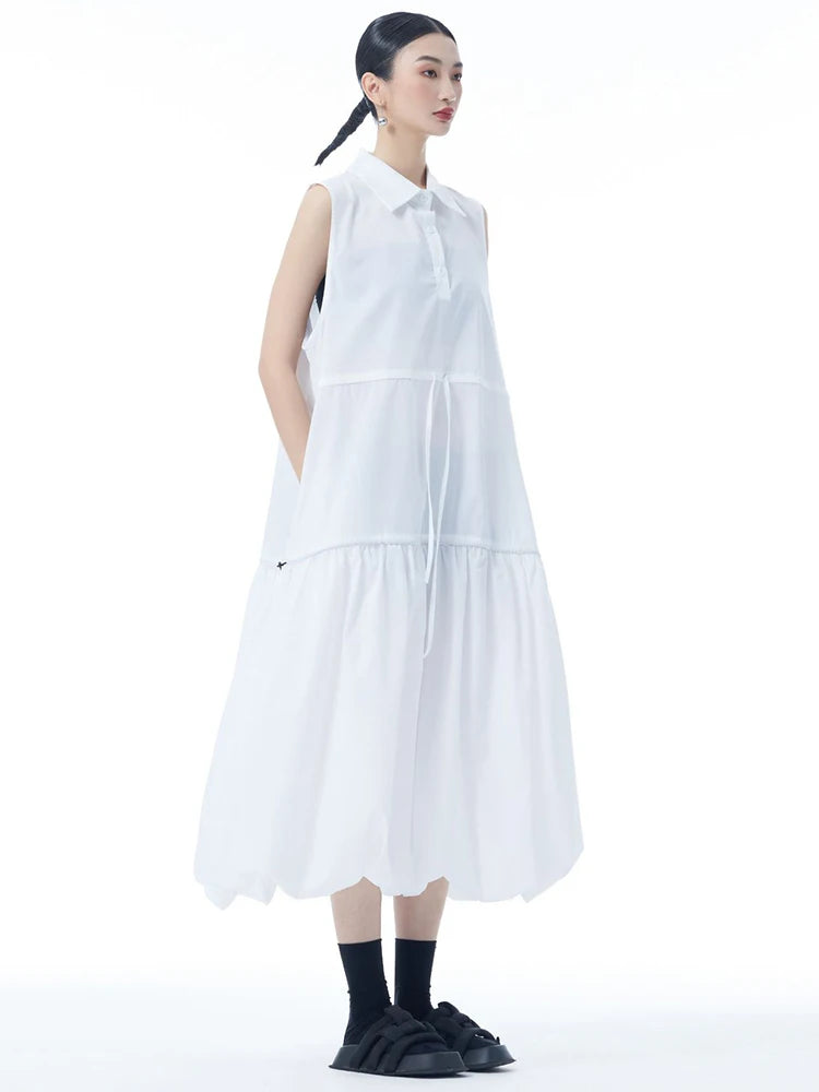 Women Black Brief Pleated Big Size Midi Bud Shirt Dress New Lapel Sleeveless Fashion Tide Spring Autumn 2025 1DJ0955