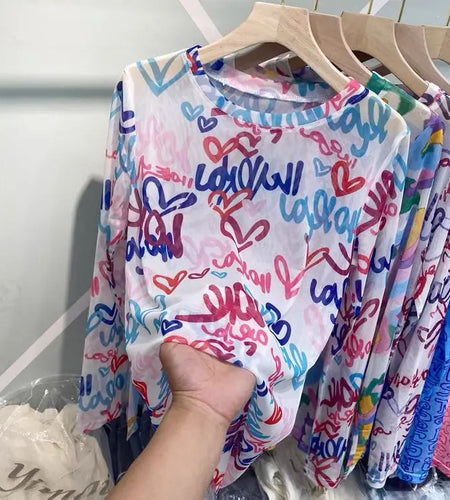 Fashion Tie-dye Woman T Shirts O-neck Long Sleeve Tunic Tees Fashion Gauze Camisetas Crop Tops Casual See Through Y2k Tshirts