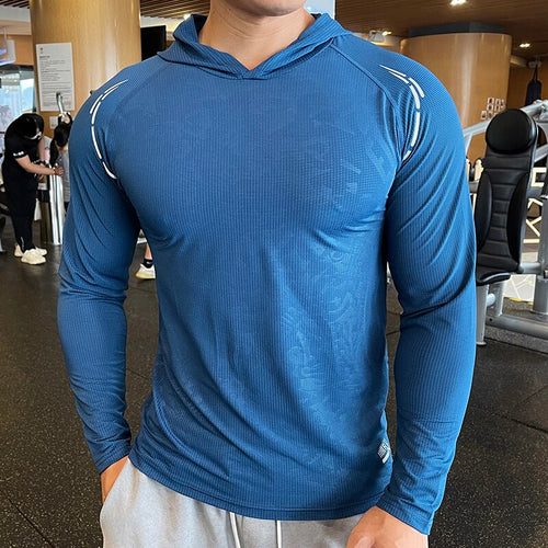 Load image into Gallery viewer, Gym Men T Shirt Casual Long Sleeve Slim Tops Tees Elastic T-shirt Sports Fitness Thin Comfort Breathable Quick Dry Hooded
