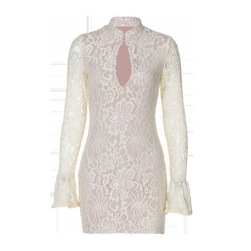 Load image into Gallery viewer, Lace Hollow Out Long Sleeve Sexy Mini Dress For Women Fashion Half High Collar Bodycon Club Party Dress Elegant Dresses
