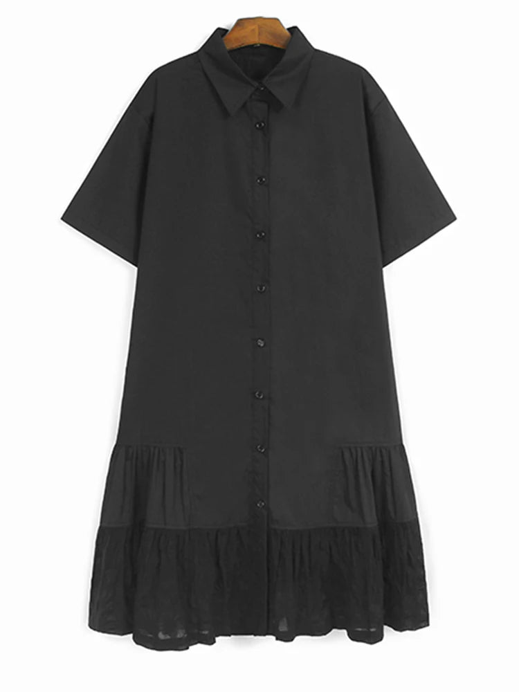 Women Blue Circle Printed Spliced Big Size Midi Shirt Dress New Lapel Short Sleeve Fashion Tide Spring Summer 2025 1DJ1356