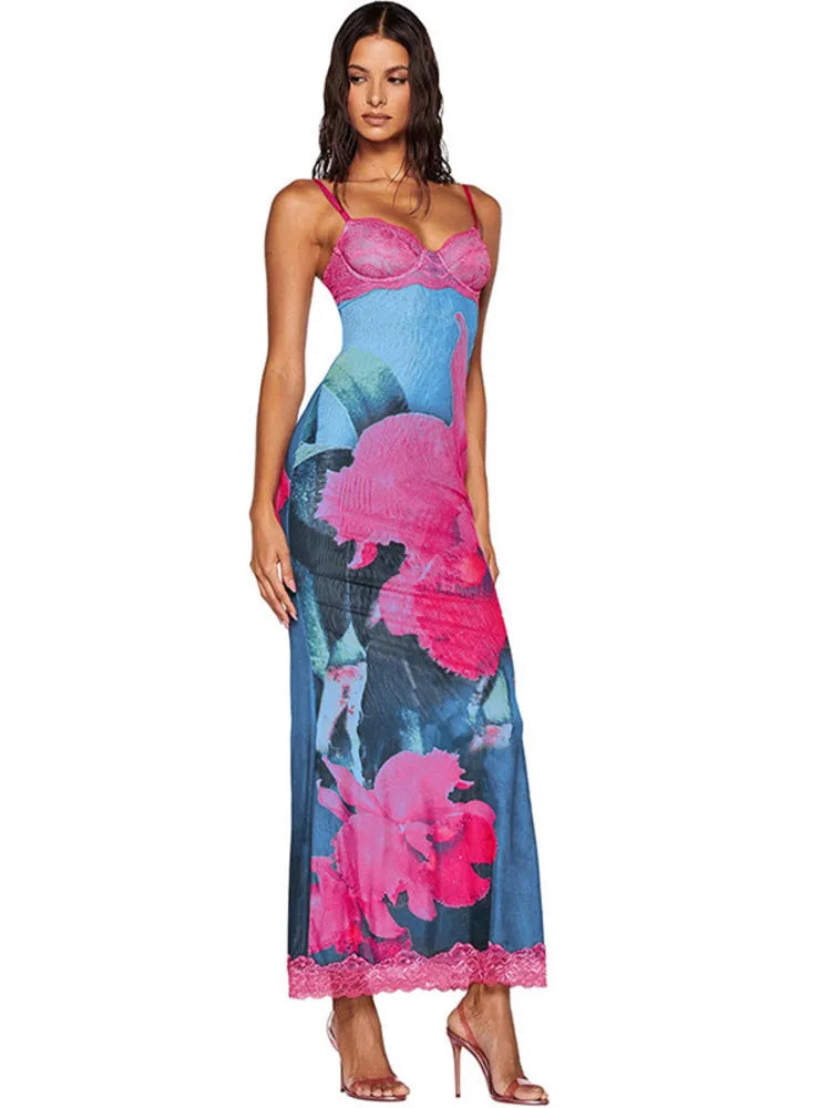Spaghetti Strap Print Sexy Maxi Dress For Women Fashion Sleeveless Backless Bodycon Club Printed Long Dress Elegant