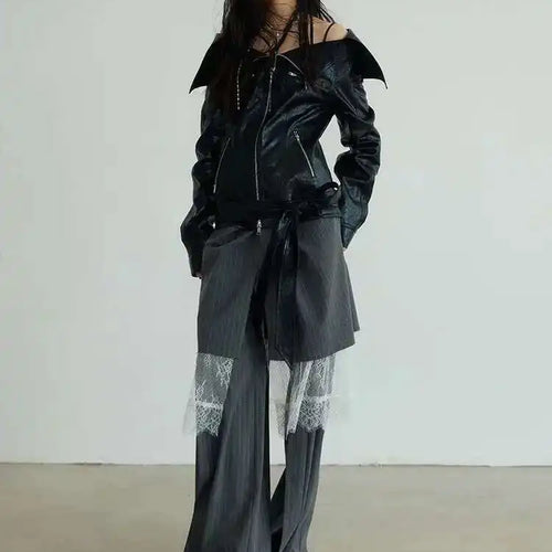 Load image into Gallery viewer, High Waist Gray Striped Lace Irregular Long Wide Leg Pants New Trousers Women Fashion Tide Spring Autumn 2025 1DH7081
