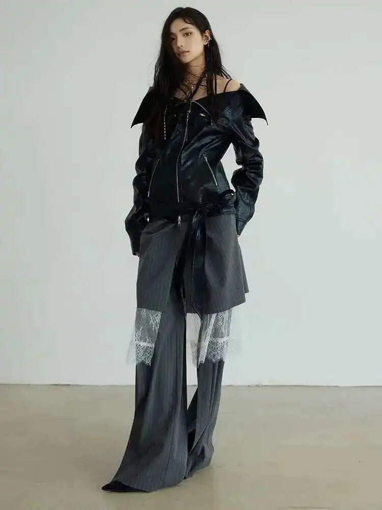 High Waist Gray Striped Lace Irregular Long Wide Leg Pants New Trousers Women Fashion Tide Spring Autumn 2025 1DH7081