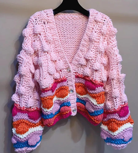 Handmade Chunky Knit Tops Women Fashion stripped Knitted Cardigan Sweater Vintage Long Sleeve Female Outwear Chic C-265