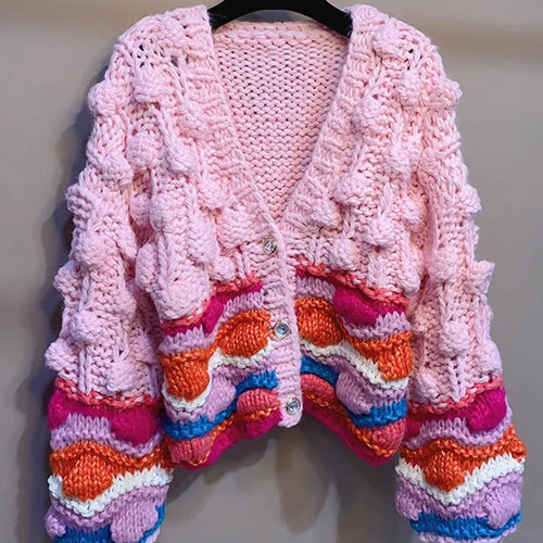 Load image into Gallery viewer, Handmade Chunky Knit Tops Women Fashion stripped Knitted Cardigan Sweater Vintage Long Sleeve Female Outwear Chic C-265
