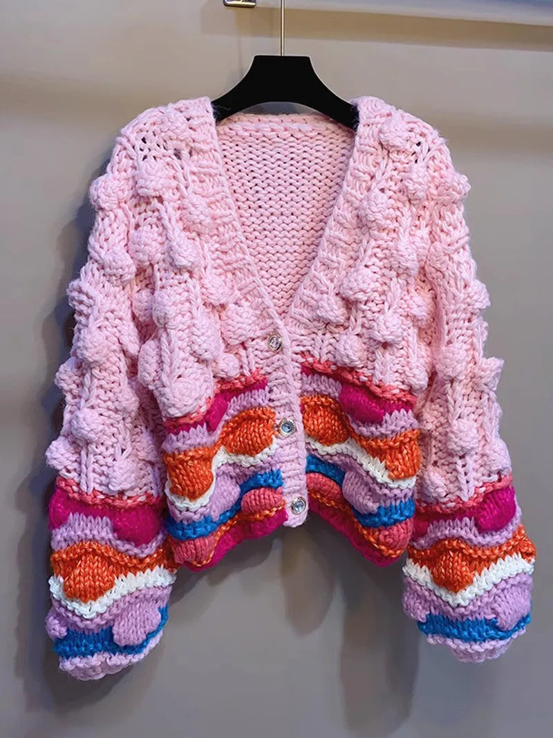 Handmade Chunky Knit Tops Women Fashion stripped Knitted Cardigan Sweater Vintage Long Sleeve Female Outwear Chic C-265