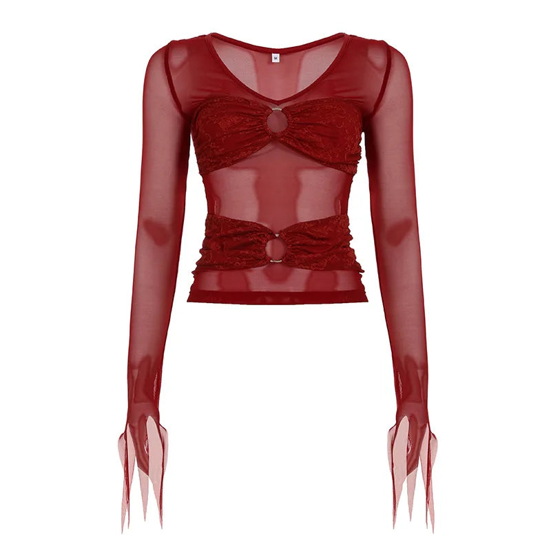 Fairy Coquette Top y2k Clothes Women Sheer See Through V Neck Flared Long Sleeve Lace T Shirt 2000s Clothing Streetwear