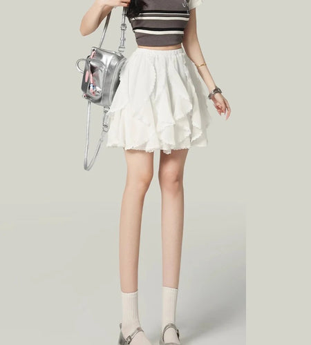 Solid Spliced Ruffles Loose Mini Skirt For Women High Waist Temperament Elegant Skirts Female Fashion Style Clothes