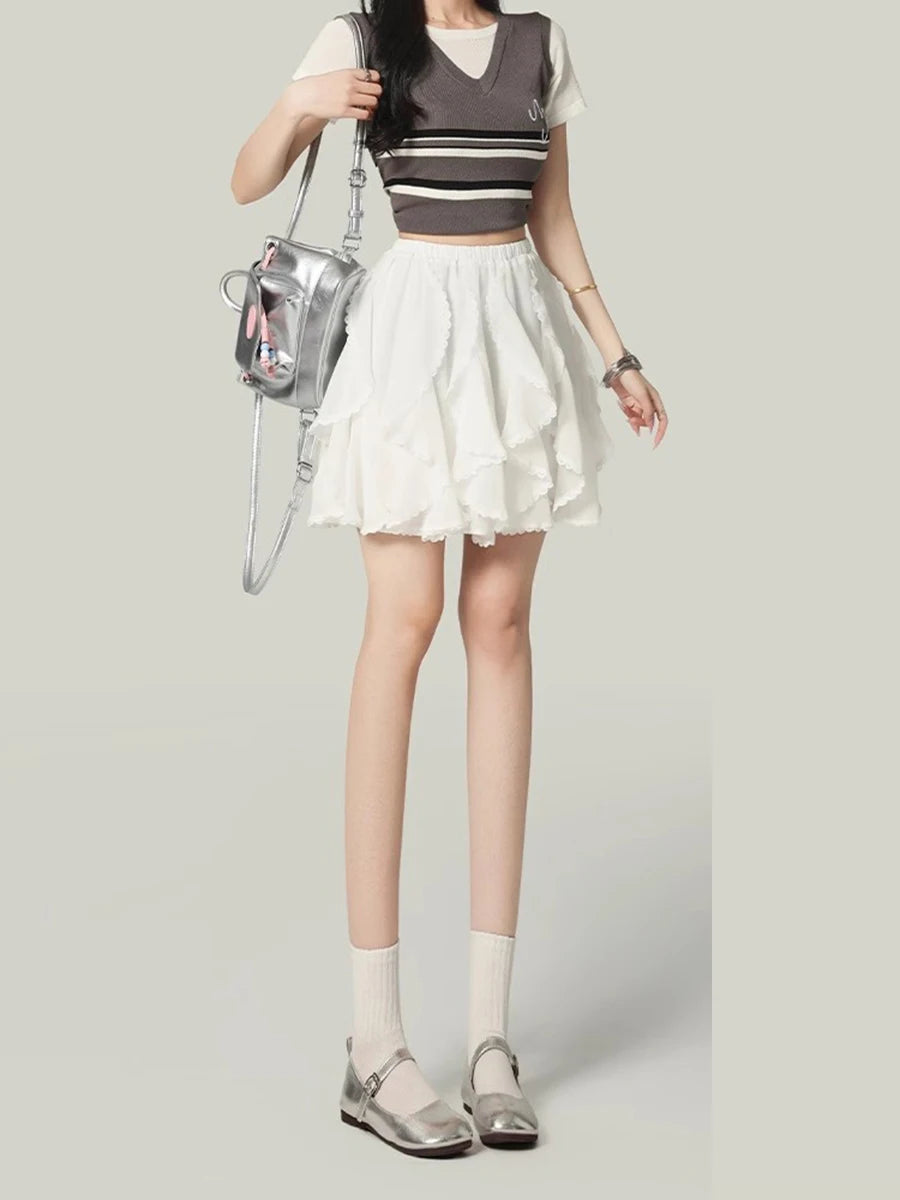 Solid Spliced Ruffles Loose Mini Skirt For Women High Waist Temperament Elegant Skirts Female Fashion Style Clothes