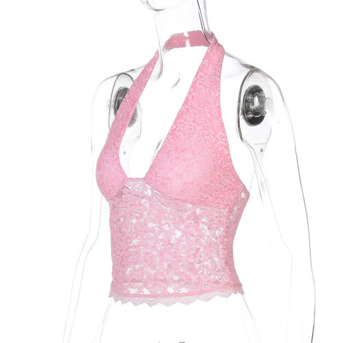 Load image into Gallery viewer, Halter Sleeveless Sexy Crop Tops Women Fashion Deep V Neck Backless Tank Tops Female Elegant Club Skinny Lace Top
