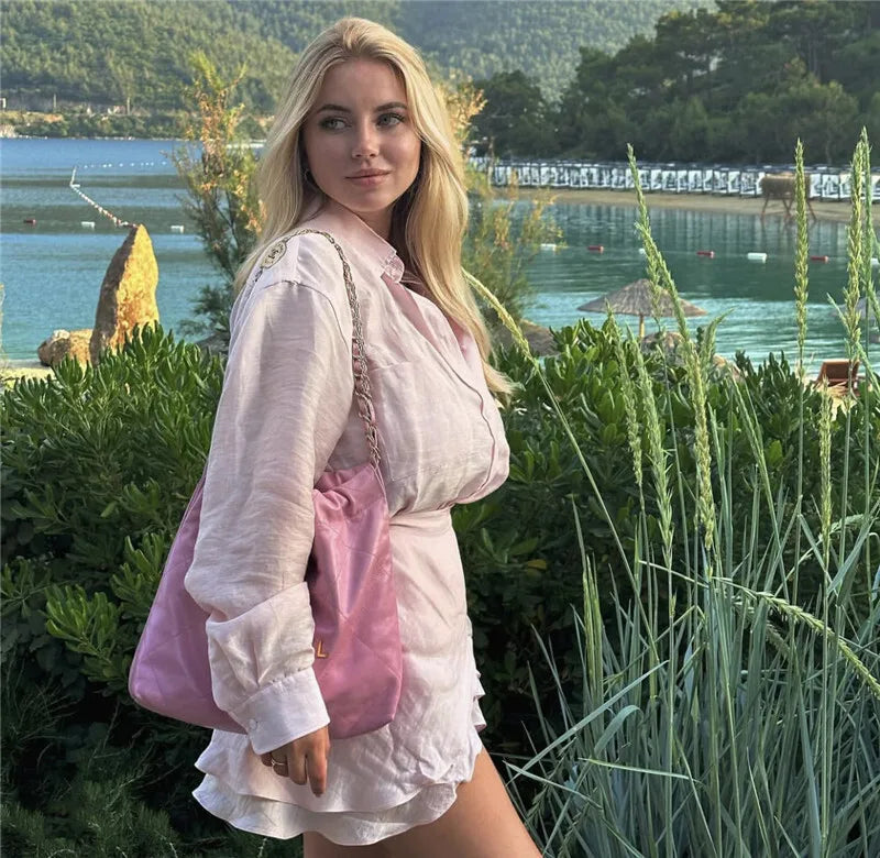 Summer Beach Two Piece Sets Women Long Sleeve Shirt And Mini Skirt Female See Through Loose 2 Piece Set Beachwear