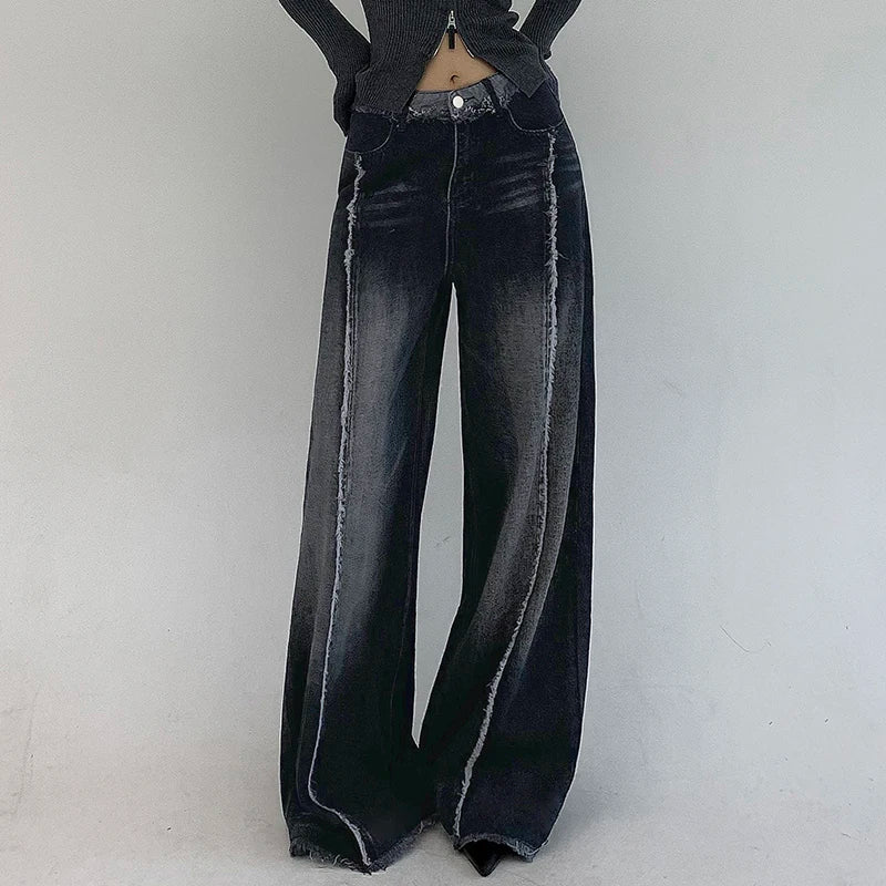 Streetwear Vintage Stripe Stitched Flared Jeans Women Harajuku Distressed Grunge CaprisY2K Burr Denim Trousers Baggy