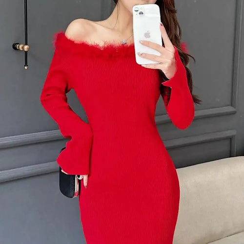 Load image into Gallery viewer, Women's Red Knitted Fur Neck Mini Dresses Female Autumn Winter Black Sexy Club Wrap Hip Versatile Pink Split Dress New 2023 Chic
