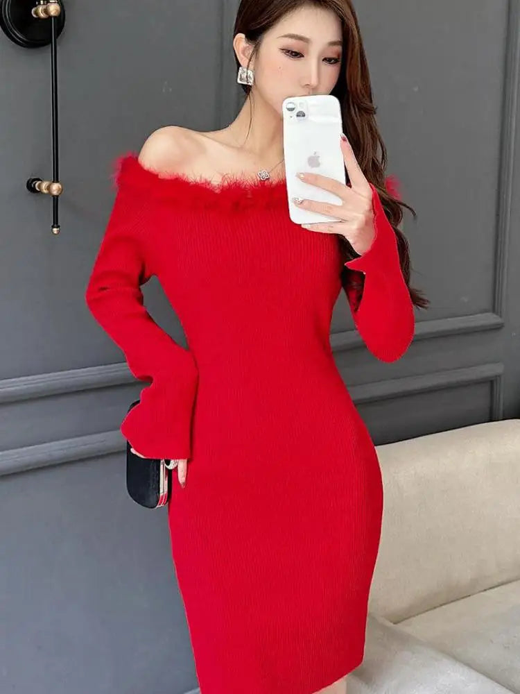 Women's Red Knitted Fur Neck Mini Dresses Female Autumn Winter Black Sexy Club Wrap Hip Versatile Pink Split Dress New 2023 Chic