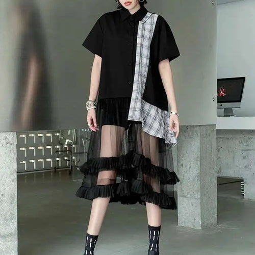 Load image into Gallery viewer, Women Black Plaid Mesh Spliced Big Size Midi Shirt Dress New Lapel Short Sleeve Fashion Tide Spring Summer 2025 1DJ0635
