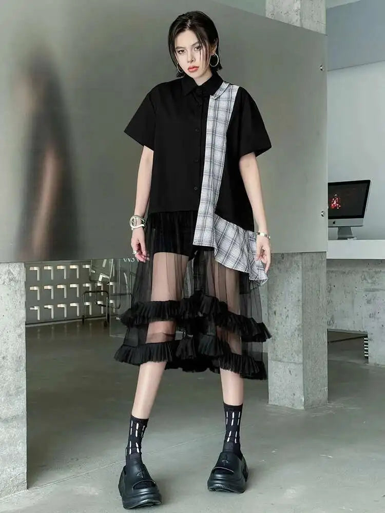 Women Black Plaid Mesh Spliced Big Size Midi Shirt Dress New Lapel Short Sleeve Fashion Tide Spring Summer 2025 1DJ0635