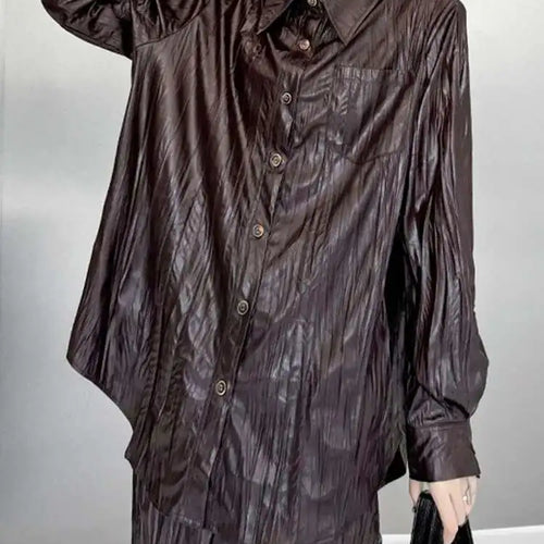 Load image into Gallery viewer, Wine Red Leather Shirt Half-body Skirt Two Pieces Suit New Lapel Long Sleeve Women Fashion Tide Spring Autumn 2025 1DH6880
