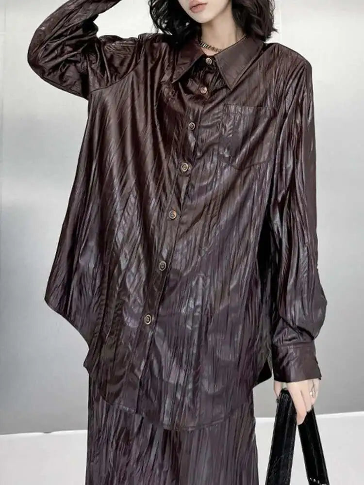 Wine Red Leather Shirt Half-body Skirt Two Pieces Suit New Lapel Long Sleeve Women Fashion Tide Spring Autumn 2025 1DH6880