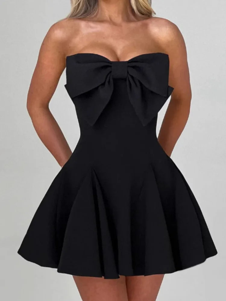 Bow Strapless Backless Sexy Mini Dress For Women Robe Fashion Solid Off-shoulder Sleeveless A-line Club Dress Vestido