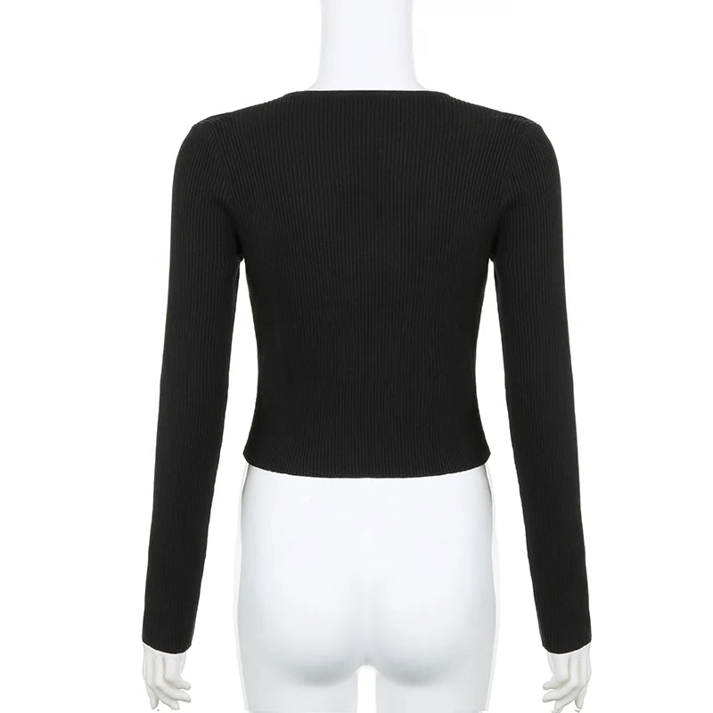 Casual Black Skinny Autumn Sweater for Women Cut Out Solid All-Match Pullover Knit Crop Korean Fashion Jumper Outfits
