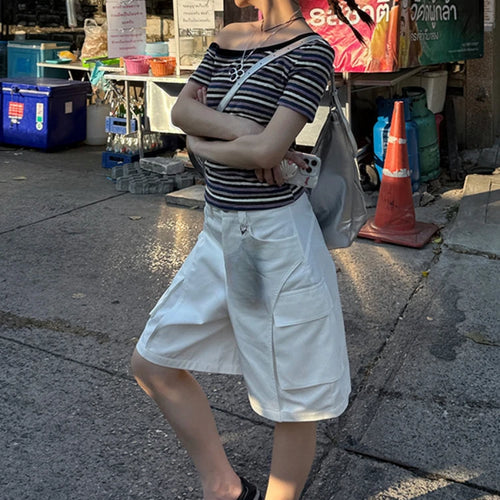 Load image into Gallery viewer, Women Harajuku Knitted Contrast Color Stripe Tops Y2k Aesthetic Sexy Slash Neck Tees Summer Slim Fit Streetwear Grunge Tshirts
