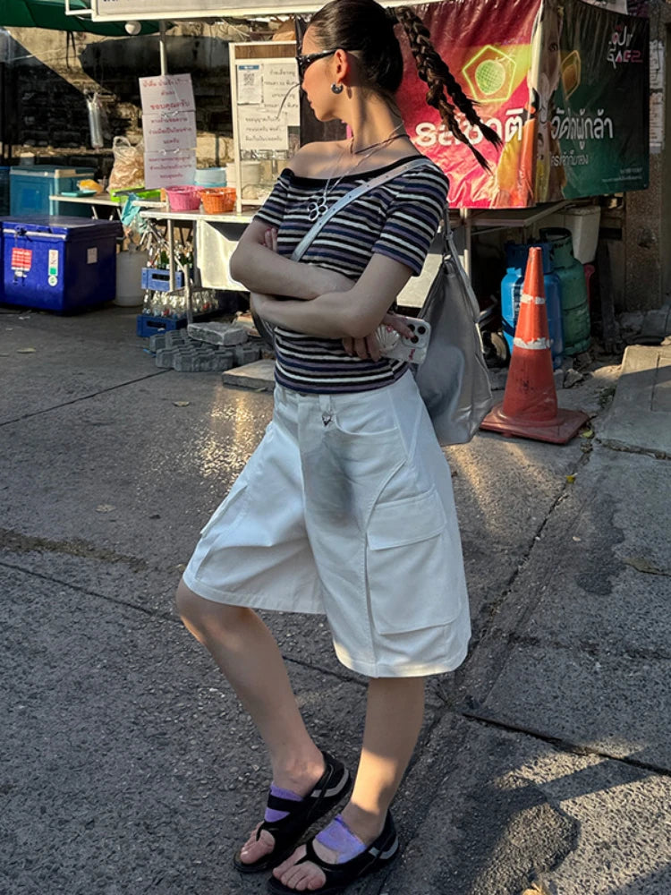 Women Harajuku Knitted Contrast Color Stripe Tops Y2k Aesthetic Sexy Slash Neck Tees Summer Slim Fit Streetwear Grunge Tshirts