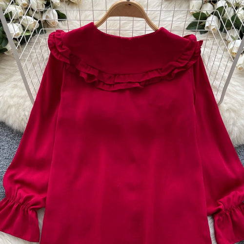 Load image into Gallery viewer, Autumn 2024 Vintage Women Sweet Solid Ruffles Shirts Fashion Ladies Long Sleeves Blouses Chic Single Breasted Tops Clothes Chic
