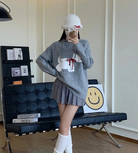 y2k Aesthetic Sweater Women Clothes Dog 3D Bow Ribbed Round Neck Long Sleeve Knitted Pullover Top 2000s Streetwear