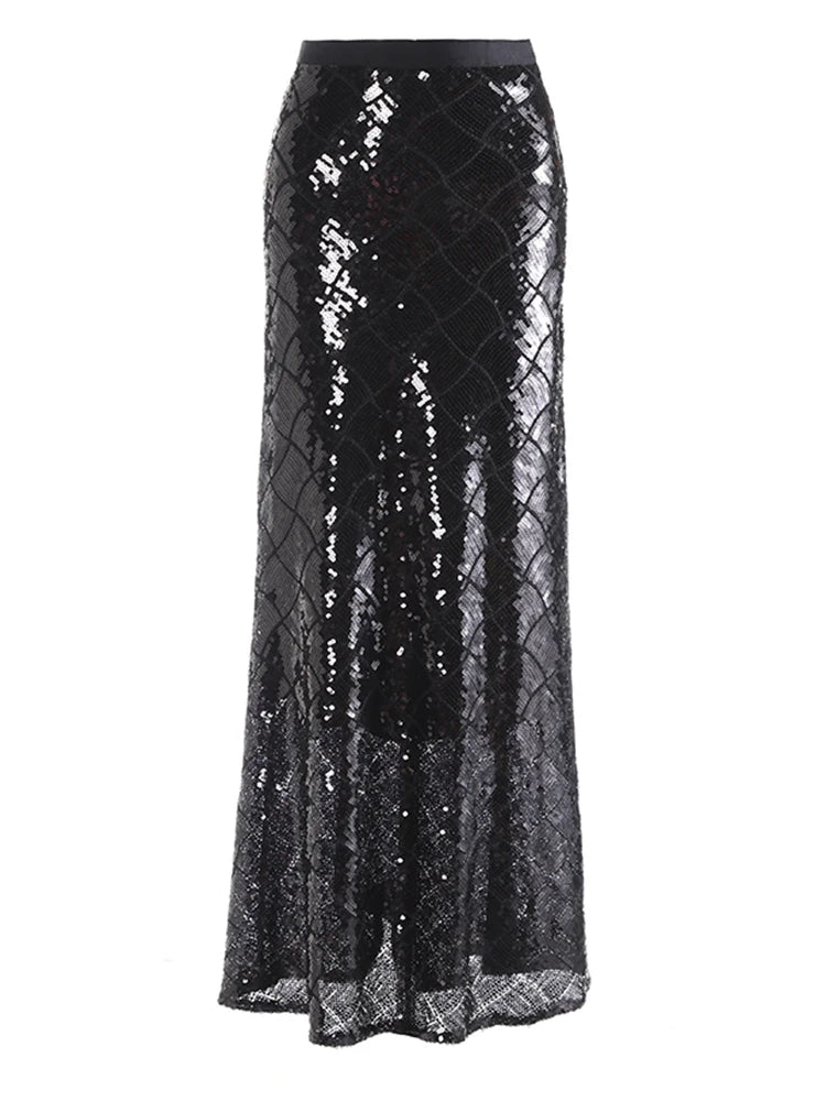 High Waist Black Sequins Shining Floor-Length Elegant Half-body Skirt Women Fashion Tide New Spring Autumn 2025  1DJ0272