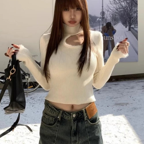 Load image into Gallery viewer, Women Sexy Hollow Out Crop Sweater Grunge Patchwork Streetwear Vintage Knitted Jumpers Y2k Aesthetic Half High Collar Pullovers
