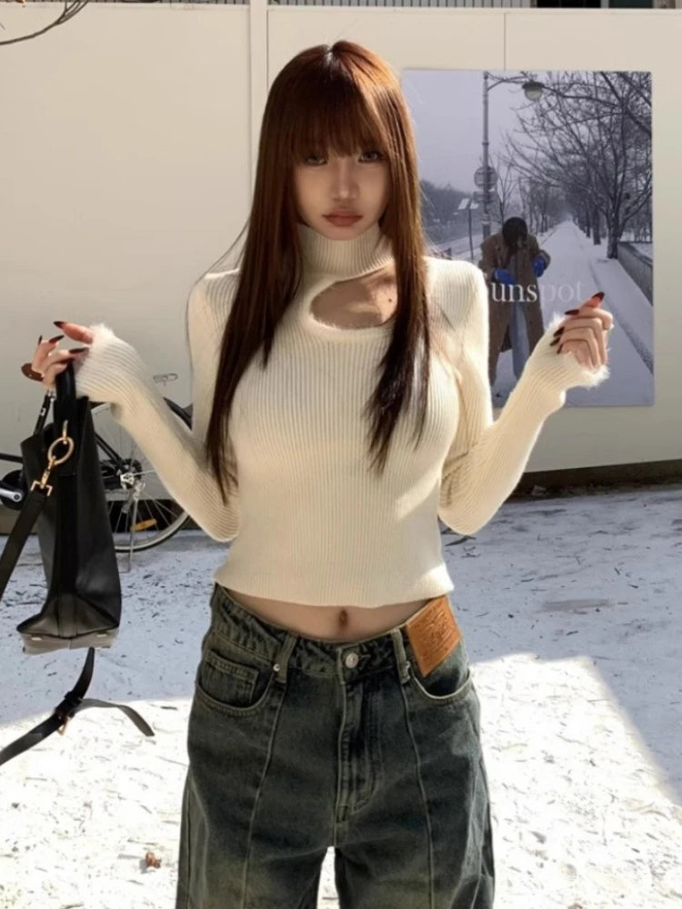 Women Sexy Hollow Out Crop Sweater Grunge Patchwork Streetwear Vintage Knitted Jumpers Y2k Aesthetic Half High Collar Pullovers