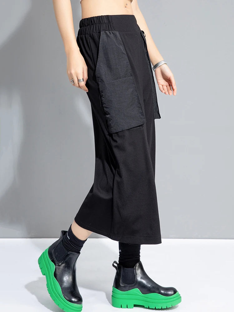 High Elastic Waist Black Spliced False Two Calf-Length Pants New Trousers Women Fashion Tide Spring Autumn 2025 1DJ0909