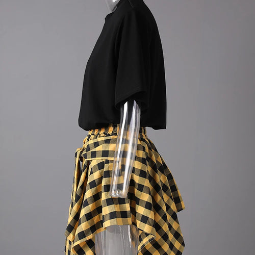 Load image into Gallery viewer, Black T-shirt Plaid Bandage Skirt Two Pieces Suit New Round Neck Short Sleeve Women Fashion Spring Summer 2025 CPG3159
