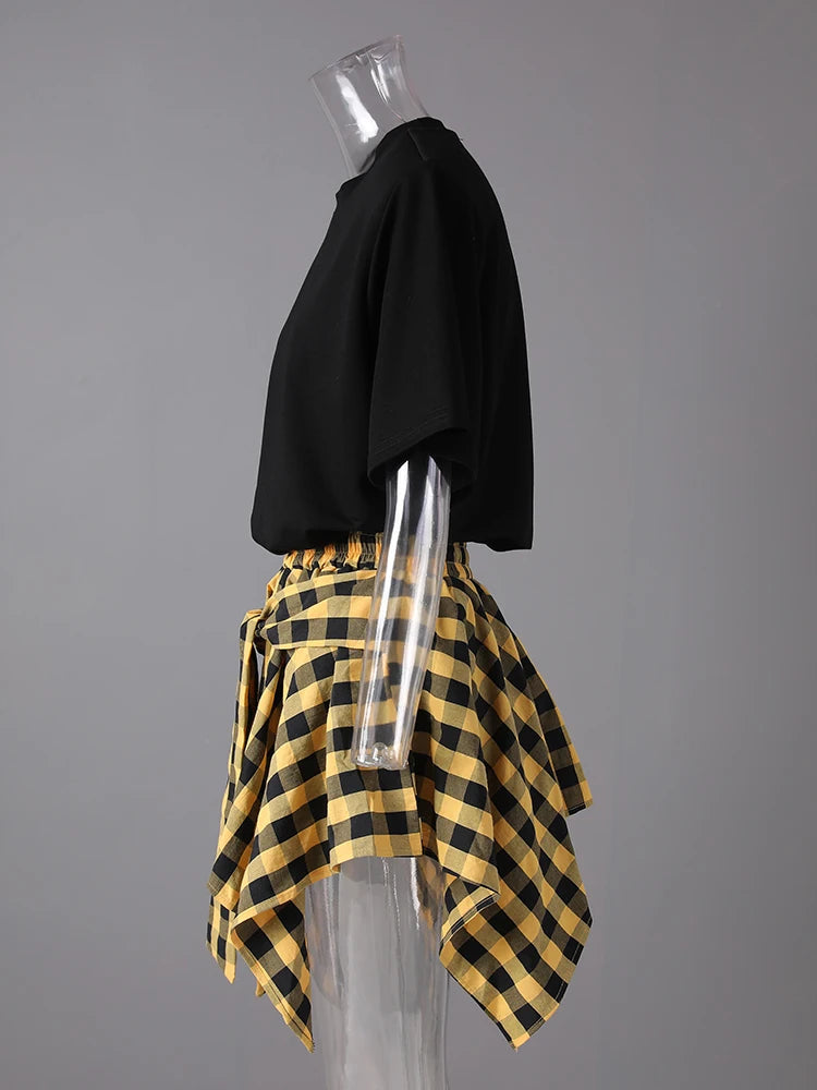 Black T-shirt Plaid Bandage Skirt Two Pieces Suit New Round Neck Short Sleeve Women Fashion Spring Summer 2025 CPG3159