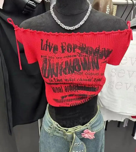 Black Letters Print Short Sleeved Knit T-shirt For Women's 2024 Summer New Red Slim Off Shoulder Lace-up Tops Trend Streetwear