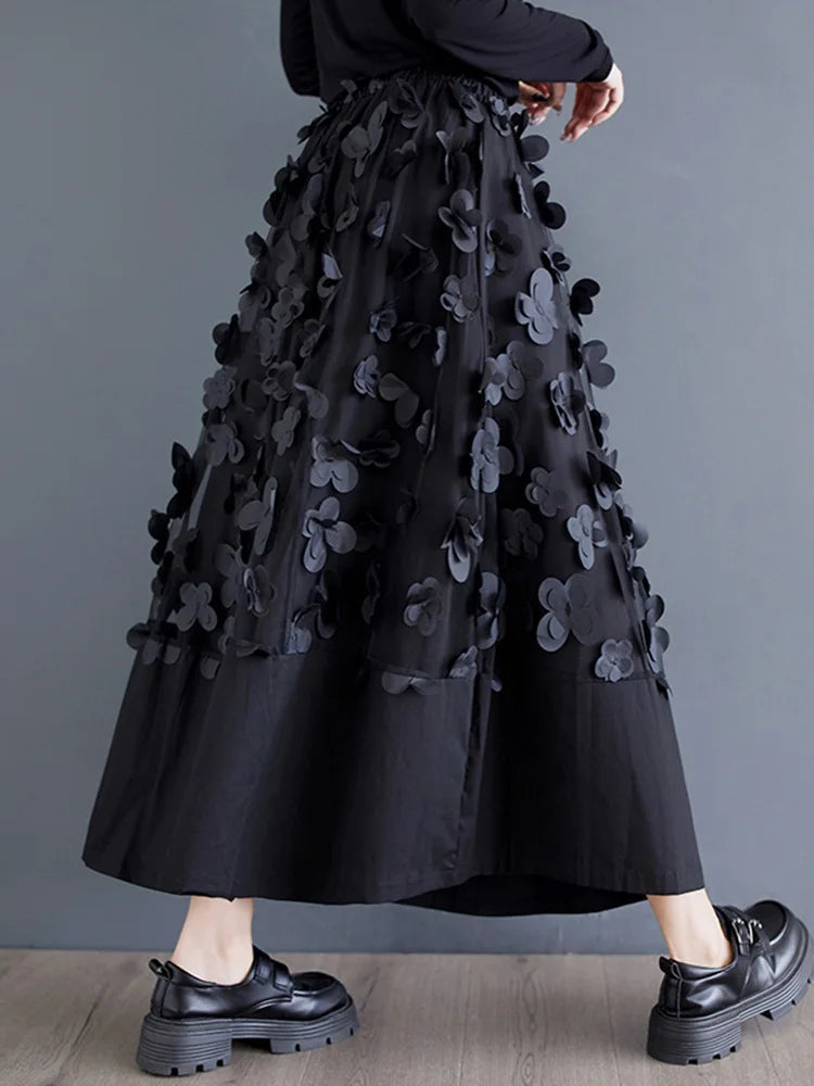 High Elastic Waist Black Flower Mesh Spliced A-line Half-body Skirt Women Fashion Tide New Spring Autumn 2025 1DJ0315