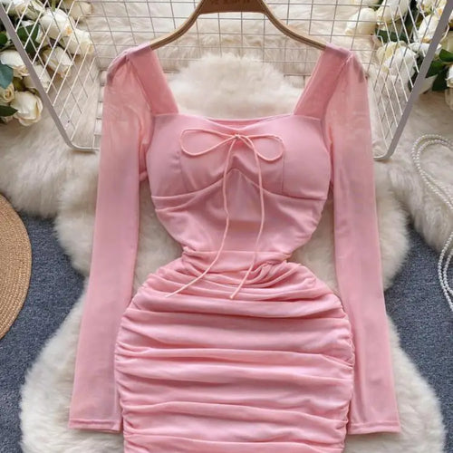 Load image into Gallery viewer, Autumn Women Fashion Black Pink Elegant Sexy Temperament Mesh Short Dress French Purple Square Collar Lace-up Pleated Mini Dress
