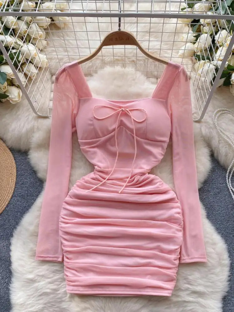Autumn Women Fashion Black Pink Elegant Sexy Temperament Mesh Short Dress French Purple Square Collar Lace-up Pleated Mini Dress