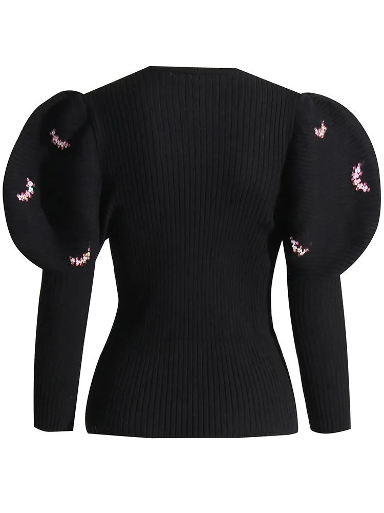 Solid Patchwork Sequins Elegant Swerter For Women V-Neck Lantern Sleeve Slim Temperament Knitted Sweaters Female Fashion