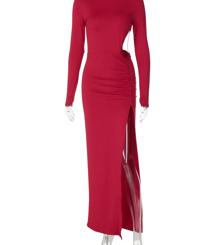 Elegant Long Sleeve Hollow Out Ruched Slit Sexy Slim Maxi Prom Dress Fall Winter Women Outfits Evening Party Birthday