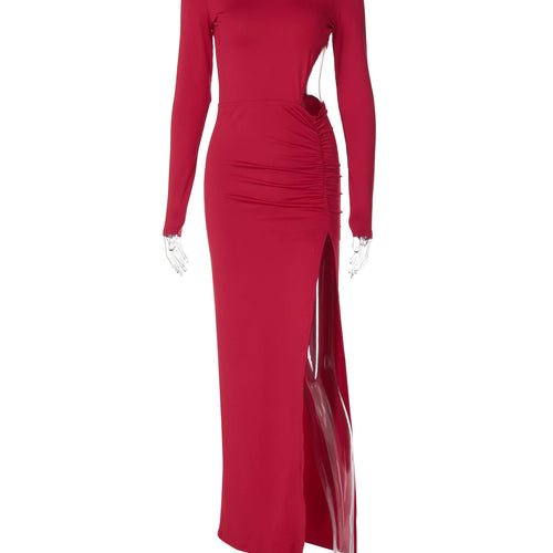 Load image into Gallery viewer, Elegant Long Sleeve Hollow Out Ruched Slit Sexy Slim Maxi Prom Dress Fall Winter Women Outfits Evening Party Birthday
